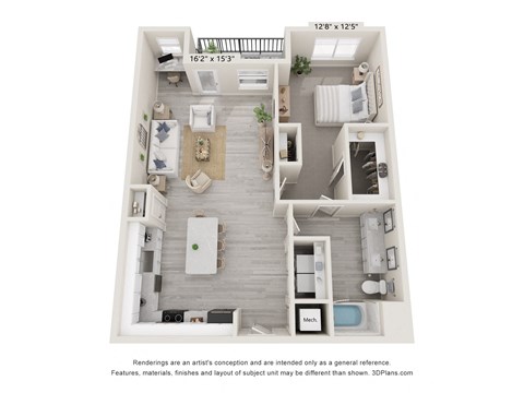 Floor plan for 1 bed, 1 bath, 1050 sqft